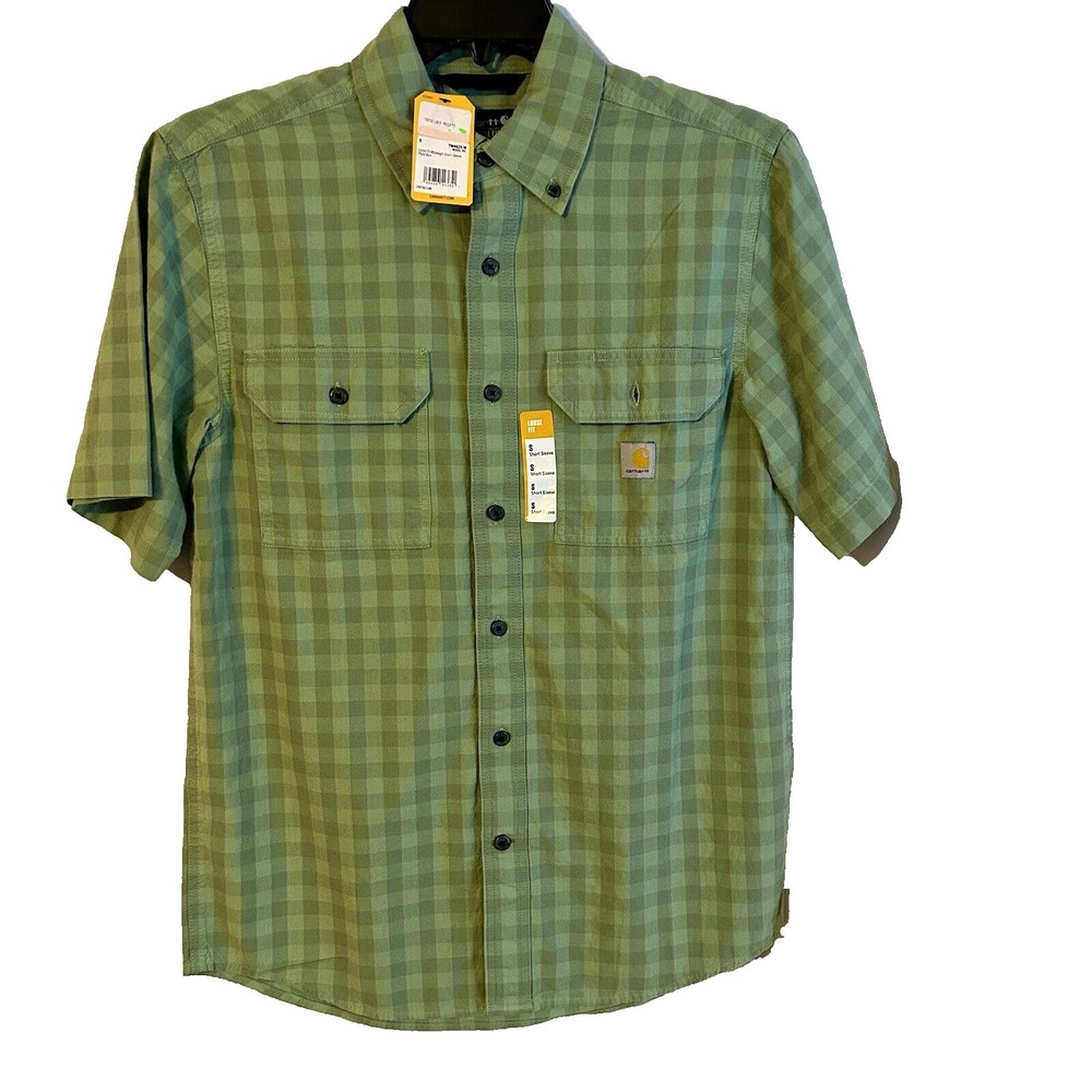 Carhartt Mens Small Green Loose Fit Midweight Short Sleeve Plaid Shirt (G6)(D5)